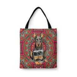 Doberman Travel Style Tote Bag 34 travel dogs tote doberman mandala front view White