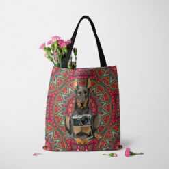 Doberman Travel Style Tote Bag 37 travel dogs tote doberman mandala tote standing carnations
