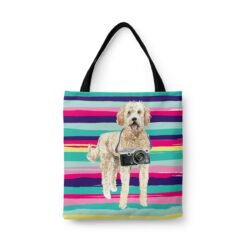 travel dogs tote golden doodle beach front view White