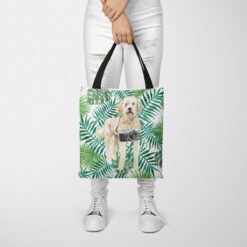 travel dogs tote golden doodle leaves tote woman trowsers front view