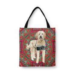 travel dogs tote golden doodle mandala front view White