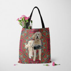 travel dogs tote golden doodle mandala tote standing carnations