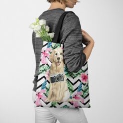 Golden Retriever Travel Style Tote Bag 40 travel dogs tote golden retriever geometric tropical tote woman jumper walking view