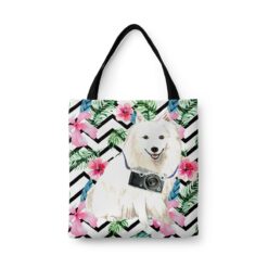 travel dogs tote japanese spitz geometric tropical front view White