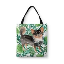 Long Haired Chihuahua Travel Style Tote Bag 33 travel dogs tote long haired chihuahua leaves front view White