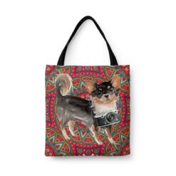 Long Haired Chihuahua Travel Style Tote Bag 34 travel dogs tote long haired chihuahua mandala front view White
