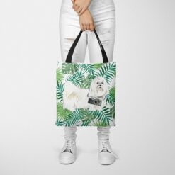 Maltese Travel Style Tote Bag 35 travel dogs tote maltese leaves tote woman trowsers front view