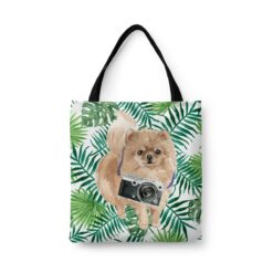 Pomeranian Travel Style Tote Bag 33 travel dogs tote pomeranian leaves front view White