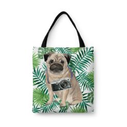 Pug Travel Style Tote Bag 33 travel dogs tote pug leaves front view White