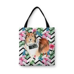 Shetland Sheepdog Travel Style Tote Bag 32 travel dogs tote shetland sheepdog geometric tropical front view White