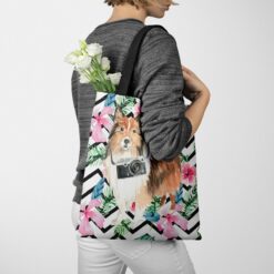 Shetland Sheepdog Travel Style Tote Bag 40 travel dogs tote shetland sheepdog geometric tropical tote woman jumper walking view