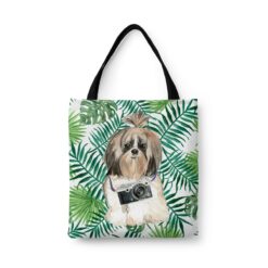 Shih tzu Long hair Travel Style Tote Bag 33 travel dogs tote shih tzu long hair leaves front view White