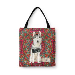 Siberian Husky Travel Style Tote Bag 34 travel dogs tote siberian husky mandala front view White