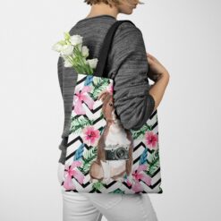 travel dogs tote staffordshire bull terrier geometric tropical tote woman jumper walking view