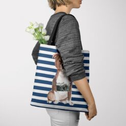 travel dogs tote staffordshire bull terrier nautical stripes tote woman jumper view