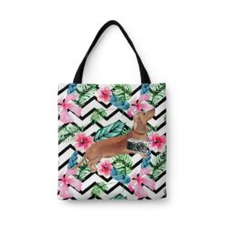travel dogs tote tan dachshund geometric tropical front view White