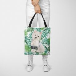 travel dogs tote westie leaves tote woman trowsers front view