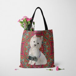 travel dogs tote westie mandala tote standing carnations