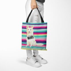 travel dogs tote white collie beach tote woman trowsers walking view
