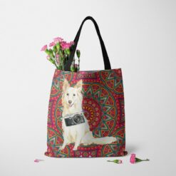 travel dogs tote white collie mandala tote standing carnations