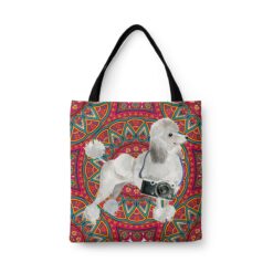 travel dogs tote white poodle mandala front view White