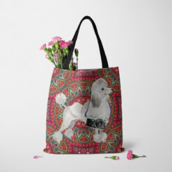 travel dogs tote white poodle mandala tote standing carnations