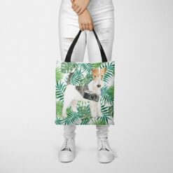 Wire Haired Fox Terrier Travel Style Tote Bag 35 travel dogs tote wire haired fox terrier leaves tote woman trowsers front view