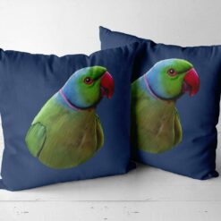 Custom Bird painting portrait throw pillow - Personalised cushion portrait of your pet from a photo 20 personalised pet portrait cushion bird painting navy side by side