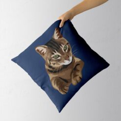 personalised pet portrait cushion cat illustration navy holding in hand