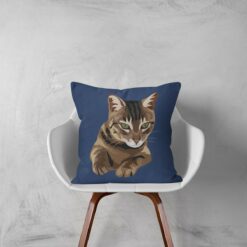 personalised pet portrait cushion cat illustration navy white chair
