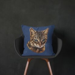 Custom Cat painting portrait throw pillow - Personalised cushion portrait of your pet from a photo 18 personalised pet portrait cushion cat painting navy black chair