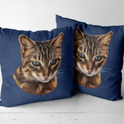 Custom Cat painting portrait throw pillow - Personalised cushion portrait of your pet from a photo 20 personalised pet portrait cushion cat painting navy side by side