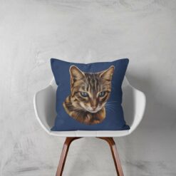 Custom Cat painting portrait throw pillow - Personalised cushion portrait of your pet from a photo 21 personalised pet portrait cushion cat painting navy white chair