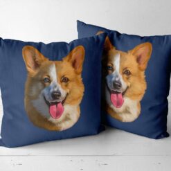 Custom Dog painting portrait throw pillow - Personalised cushion portrait of your pet from a photo 20 personalised pet portrait cushion dog painting navy side by side