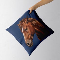 personalised pet portrait cushion horse painting navy holding in hand