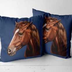 personalised pet portrait cushion horse painting navy side by side