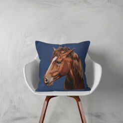 personalised pet portrait cushion horse painting navy white chair
