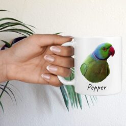 Custom Bird painting portrait mug - Personalised coffee mug portrait of your pet from a photo 17 personalised pet portrait mug bird painting hand holding plant