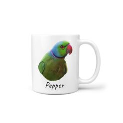 Custom Bird painting portrait mug - Personalised coffee mug portrait of your pet from a photo 20 personalised pet portrait mug bird painting handle right white