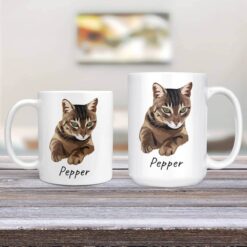 personalised pet portrait mug cat illustration 11oz and 15oz comparison tv room