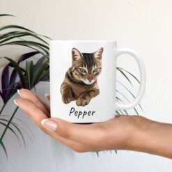 personalised pet portrait mug cat illustration mug in hand plant