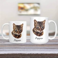 personalised pet portrait mug cat painting 11oz and 15oz comparison tv room