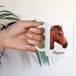 Custom horse illustration portrait mug - Personalised coffee mug portrait of your pet from a photo 17 personalised pet portrait mug horse illustration hand holding plant