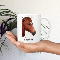 Custom horse illustration portrait mug - Personalised coffee mug portrait of your pet from a photo 21 personalised pet portrait mug horse illustration mug in hand plant
