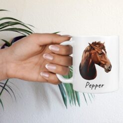 personalised pet portrait mug horse painting hand holding plant