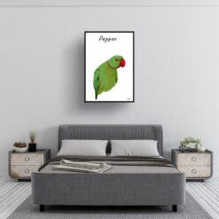 personalised pet portrait prints bird illustration white bedroom