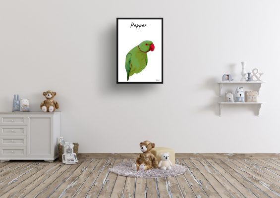 personalised pet portrait prints bird illustration white kids room