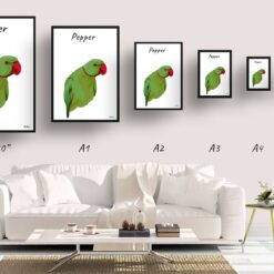 personalised pet portrait prints bird illustration white print size comparison