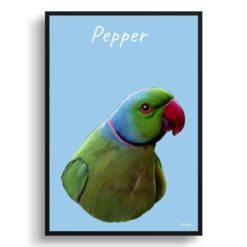 Custom Bird painting portrait print - Framed & un-framed personalised portrait of your pet 30 personalised pet portrait prints bird painting light blue