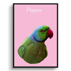Custom Bird painting portrait print - Framed & un-framed personalised portrait of your pet 32 personalised pet portrait prints bird painting pink